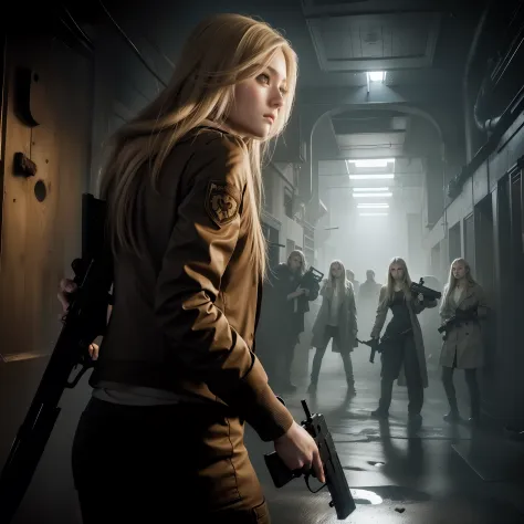 pefect face, glare expression, beautiful face, long blonde hair, holding a gun