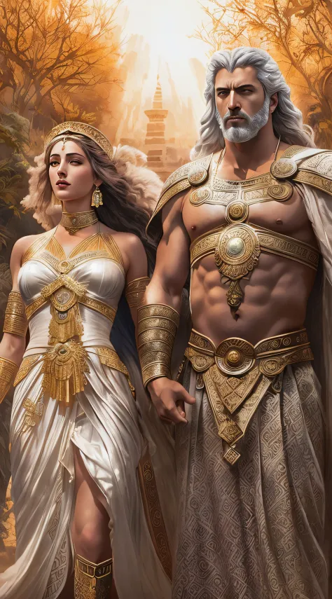 arafed image of a man and a woman dressed in ancient clothing, by Roman Bezpalkiv, greek myth digital painting, greek mythology ...