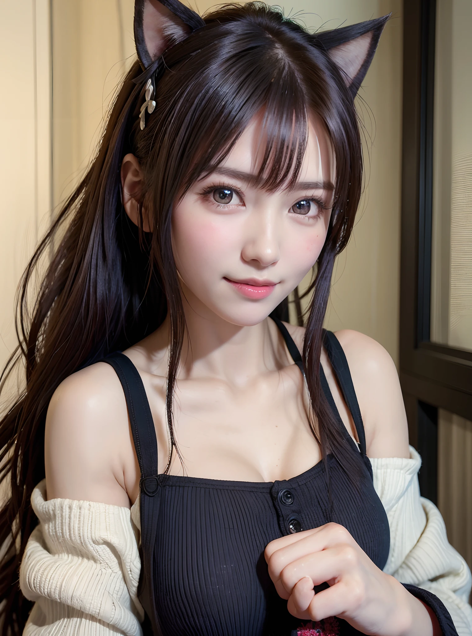 top-quality、8K Masterpiece、超A high resolution、(Photorealsitic:1.3)、Raw photo、女の子1人、poneyTail、glowy skin、1 super beautiful college girl、((super realistic details))、portlate、globalillumination、Shadow、octan render、8K、ultrasharp、highly intricate detail、Realistic light、CGSoation Trends、Beautiful eyes、radiant eyes、Facing the camera、Cute smile、Cat's ears
