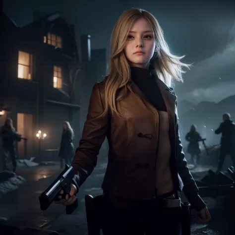 pefect face, glare expression, beautiful face, long blonde hair, holding a gun