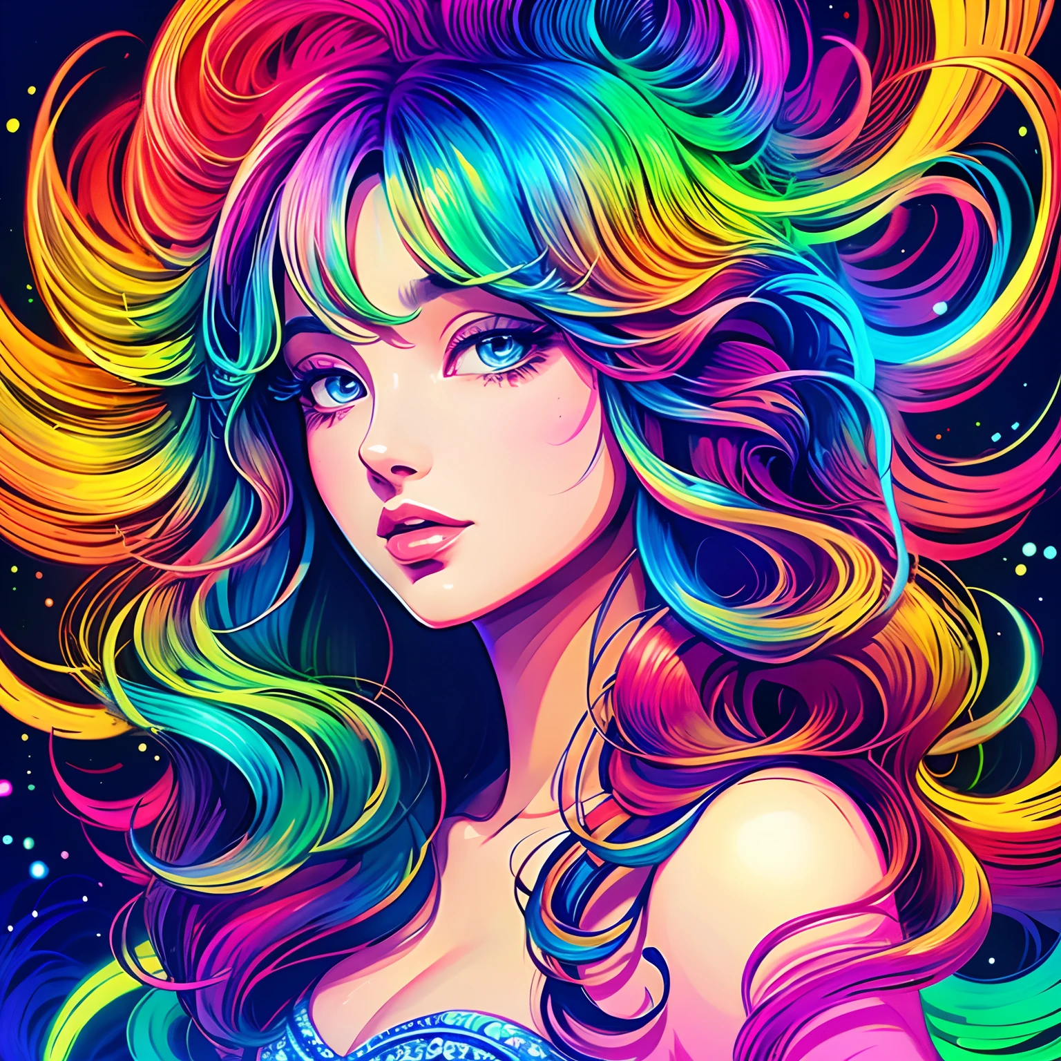 Drawing of a woman with long hair and colorful hair, beautiful digital illustrations, stunning digital illustration, gorgeous digital art, a beautiful artwork illustration, beautiful digital works of art, Beautiful digital art, Exquisite digital illustration, intricate digital painting, Very beautiful digital art, Vibrant digital painting, beautiful gorgeous digital art, psychedelic flowing hair, Colorful Digital Painting, Inspiring digital art, stylized digital art