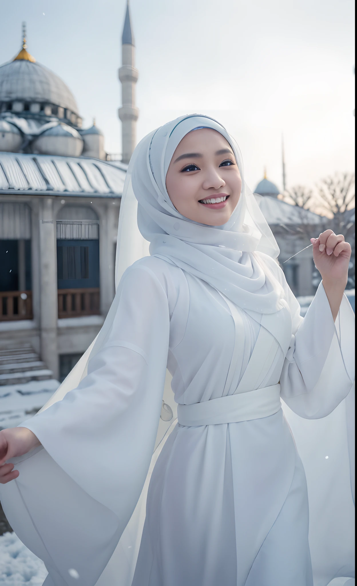 Best quality, 4K picture quality, 1 malay girl in hijab, white Hanfu, snow, long hijab fluttering in the wind, healing smile, large aperture, blurred background, blue mosque in background, movie shot framing, high quality, cinematic scene, cinematic lighting, cool ambient, ultra detail, 8k,