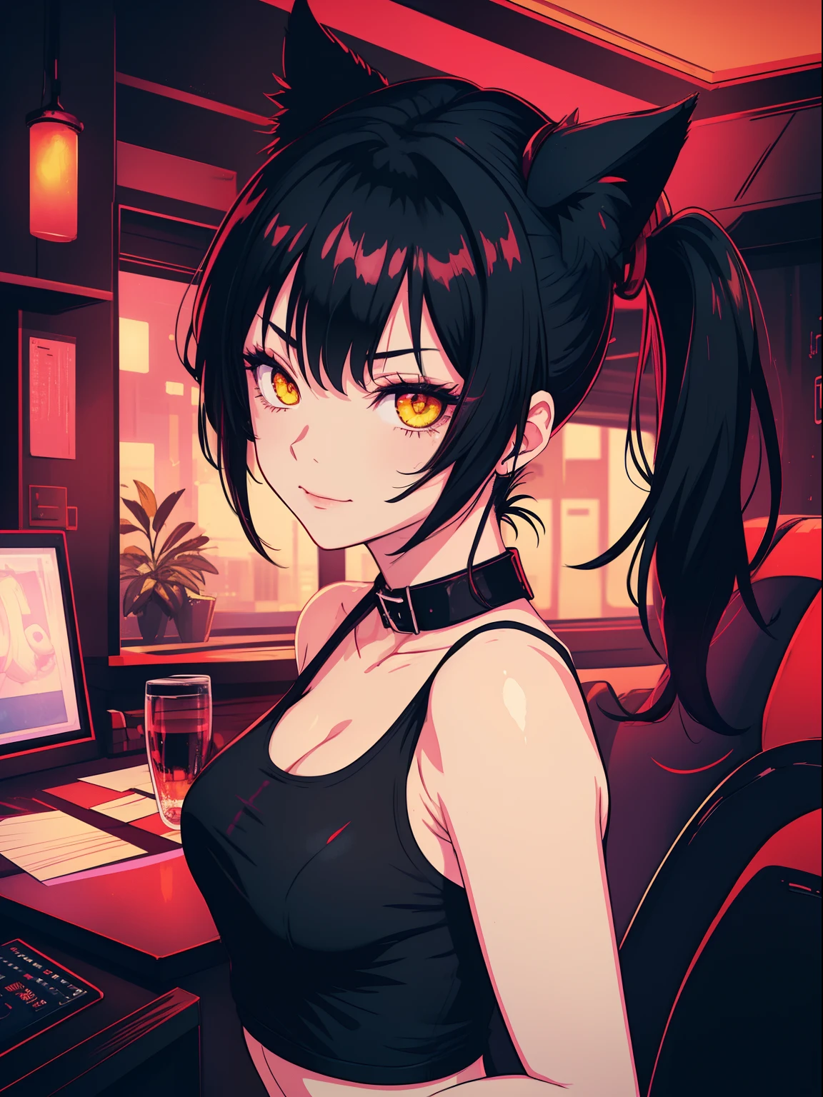 (((Portrait))), (NSFW, slim body), (best quality, 4k, 8k, high-res, ultra-detailed, anime style, pastel), catgirl, black hair, yellow glowing eyes, looking at viewer, smug, slightly smiling, goth makeup, collar, synthwave, aesthetic, vaporwave interior, red lightning, red interior, succubus, red light, dark red lights, black tank top, black leggings