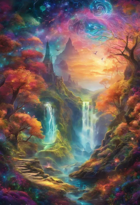 Girl casting glowing mystical spells, Fantasy Rainbow Forest, cores vibrantes, etherial lighting, Folhagem detalhada, magical ambiance, Enchanting scenery, dreamlike environment, brilho cintilante, flowing robes, Wisps de magia, Ethereal creatures, enchant...