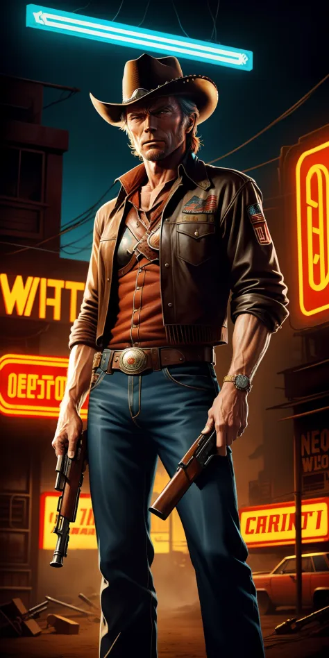 70s movie poster, Clint Eastwood as a cowboy, holding a shotgun, Wild West background, highly detailed, masterpiece,(cyberpunk) (neon)