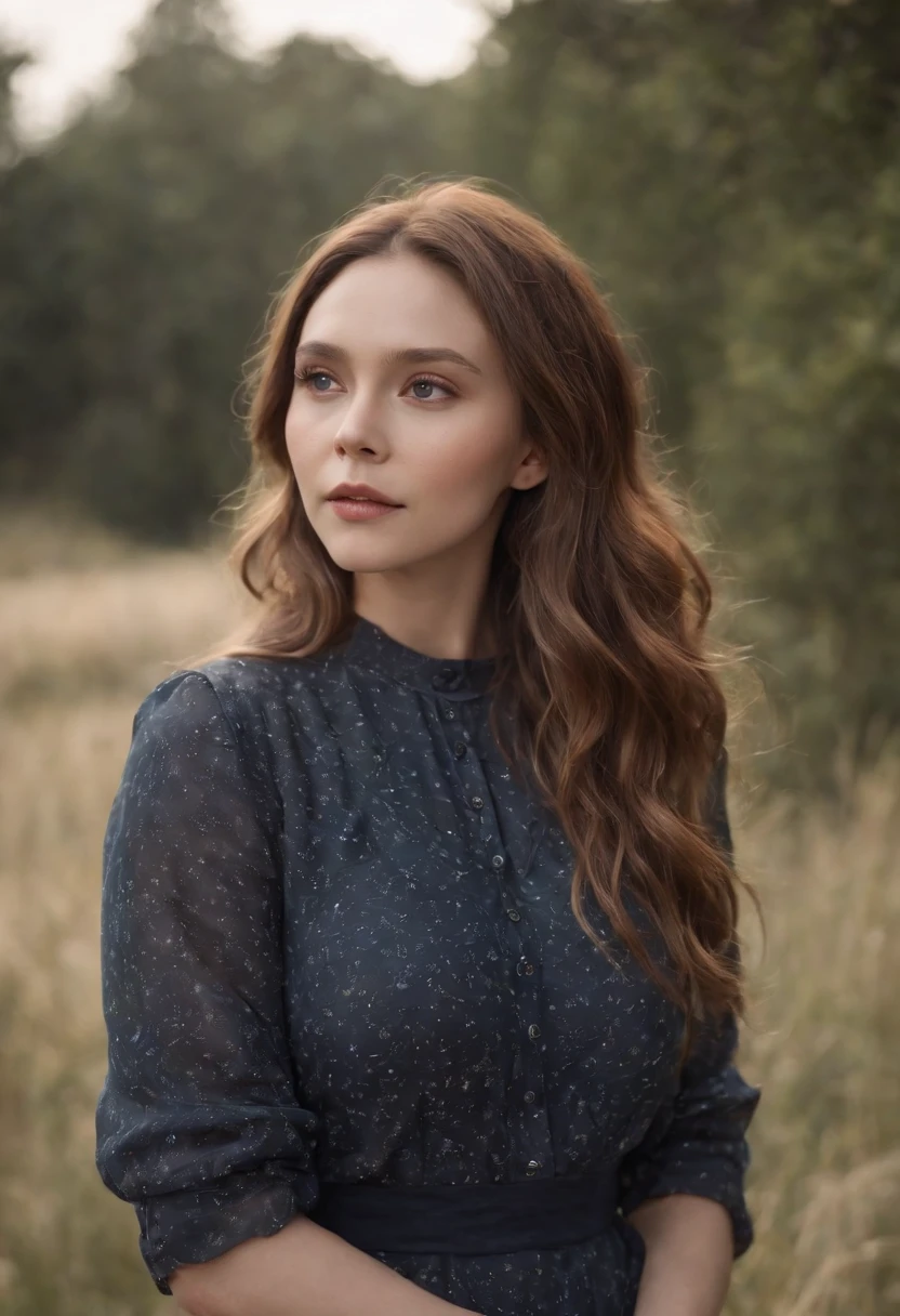 (RAW style, tmasterpiece, best qualityer, ultra - detailed), Elizabeth Olsen posted outdoors in '28, Bigchest, beautiful night, Cheerful and happy, Clear sky, analogue style, (skin texture, Film Particle), 电影灯光, side-lighting, 超高分辨率, , , catss, Pubic Area Showing , , xxx