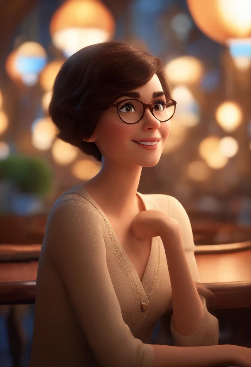 Pixar style image with 3D character white glasses brunette woman short hair , Maquiagem Disney,fofo, 可爱, sorridente ,Close-up, Pixar, Disney, Cinema lighting,