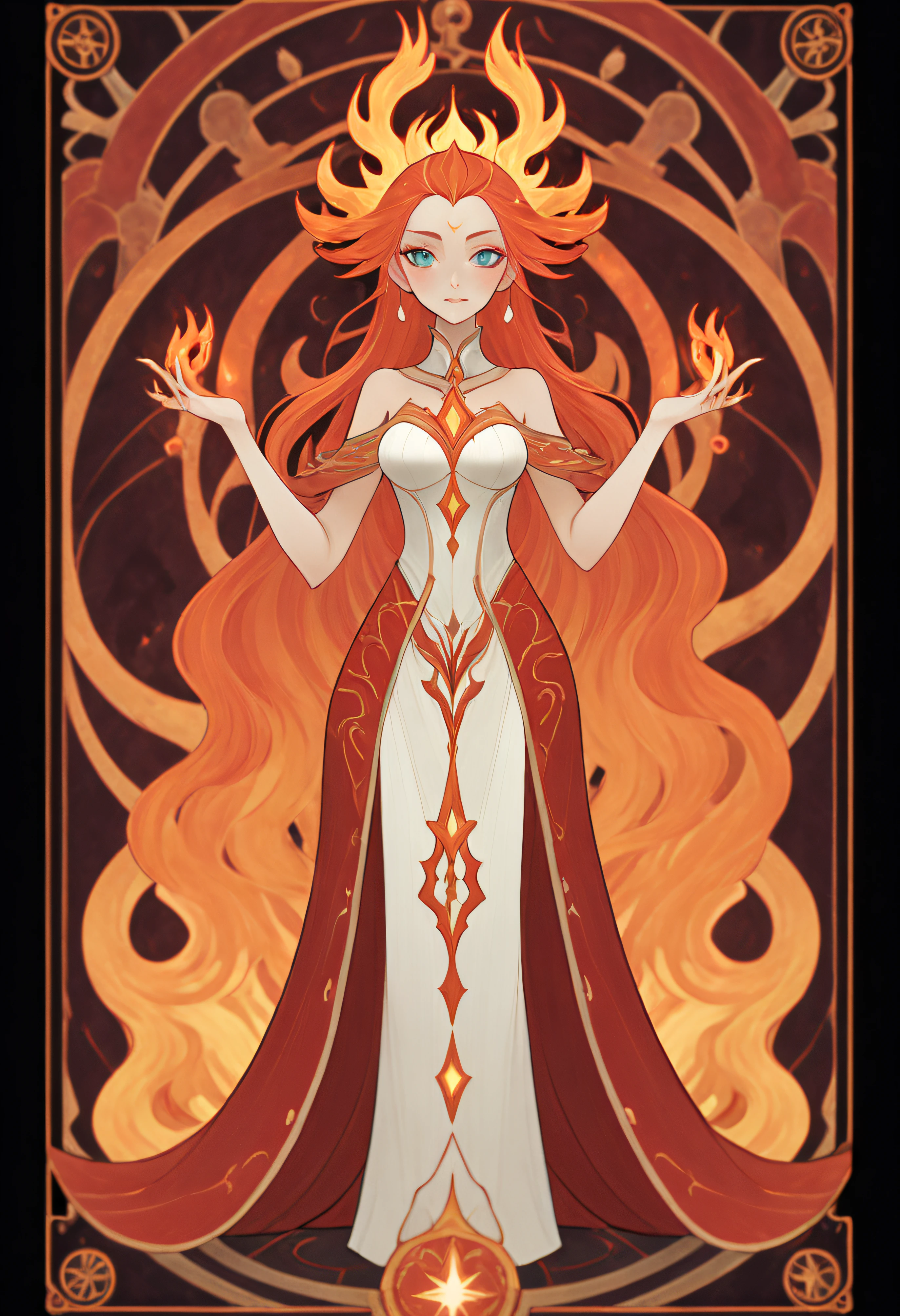 Full body portrait of 1 girl, Flame Mage, Gorgeous long dress, standing on your feet, (((独奏))), Clear facial features, Simple line design, ((tarot card background, symmetric beauty)), perfectly symmetrical, The art of symmetry, Standing drawings of characters, ((flatcolors)), tmasterpiece，top Quority，best qualtiy，超高分辨率, ((Clear facial features，beautidful eyes，beauitful face, Exquisite facial features))