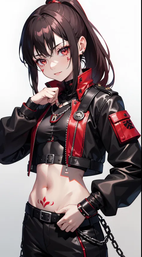 young girl, Short black and red hair, high ponytail, gray eyes, ssmile, open belly, black trousers, red jacket, tie, belts, chains, Tattoos, iron gauntlets, face tattoos, Masterpiece, hiquality, 4k, HD, Good detail