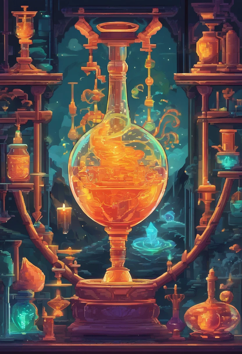 (ultra-detailed,realistic:1.37),alchemy potion,elixir of life,powerful magical glowing potion,vibrant colors,ancient glass flask,bokeh,artistic rendering,lab equipment,laboratory,smoke vapor,swirling mist,science and magic,mystical symbols,power of nature,surreal scene,mysterious ingredients,potion brewing process,alchemy experiment,crystals,energy flow,sparkling effects,suspended elements,intense focus,glowing liquid,glassware,scientific precision,magical transformation,careful measurements,smoke rising,creation of life,immortality,unveiling secrets of the universe,vivid colors blending,shimmering essence,magic creation,light and shadows,details of every drop,enchanted atmosphere,precision and craftsmanship,flashes of light,subtle reflections,perfect balance between art and science