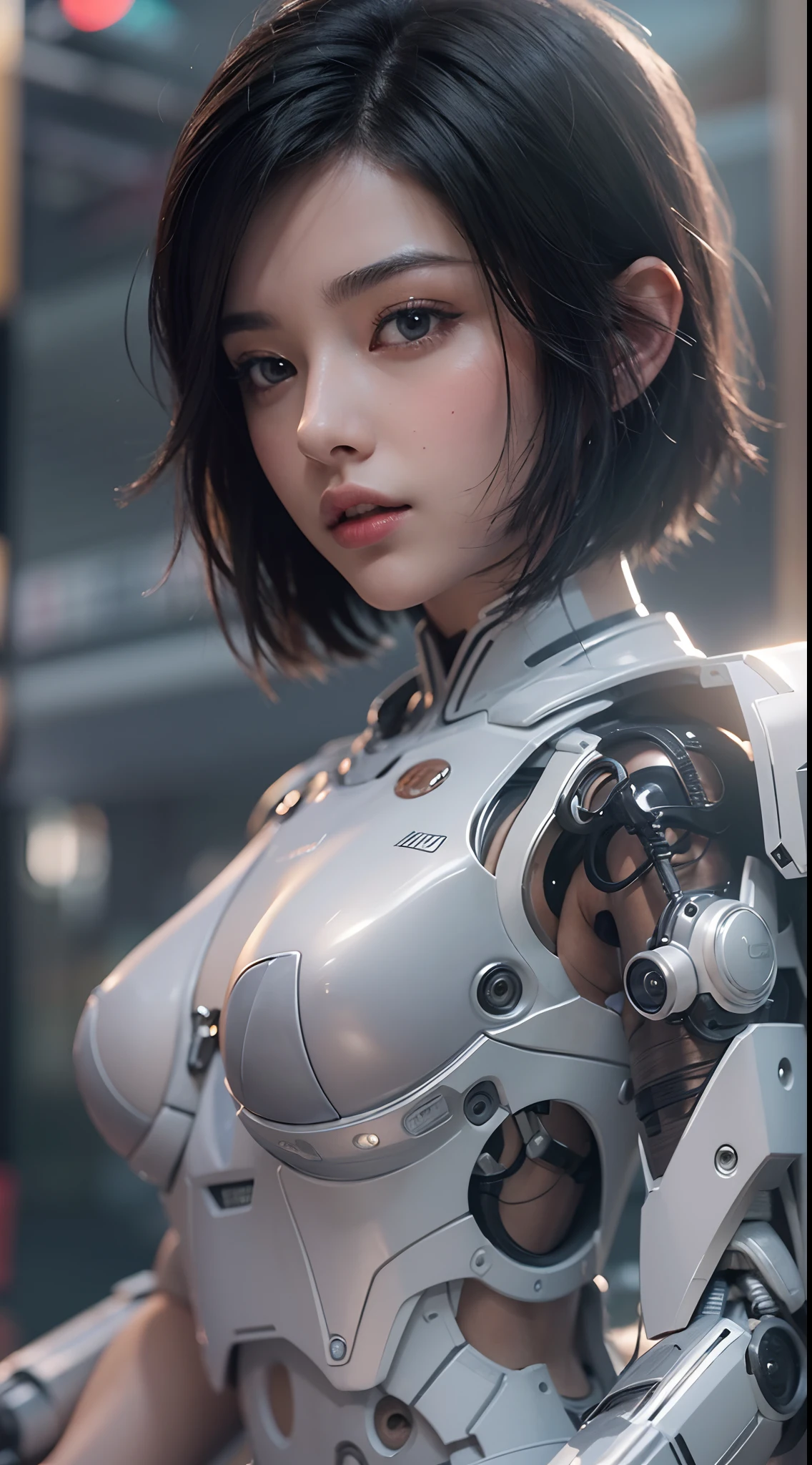 ((Masterpiece))), ((Best Quality))), ((Ultra Detailed)), (Ultra Real), (Highly Detailed CG Illustration), Cinematic Light, Realistic, Very Beautiful Young Lady, (Beautiful Face and Lips), Intricate Details, Full View, Weapon, Robotic Arm, Cinematic Quality, Full Body, Short Black Hair