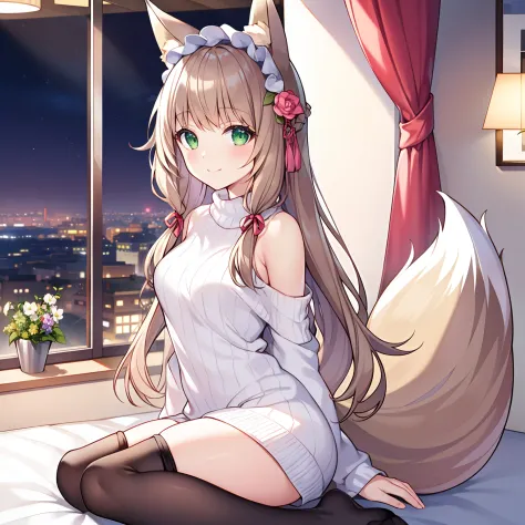 Masterpiece, Best quality, high resolution, 1girll, Solo, Oversized fox tail，(Long brown hair_Sideways French braided hair)，Gree...