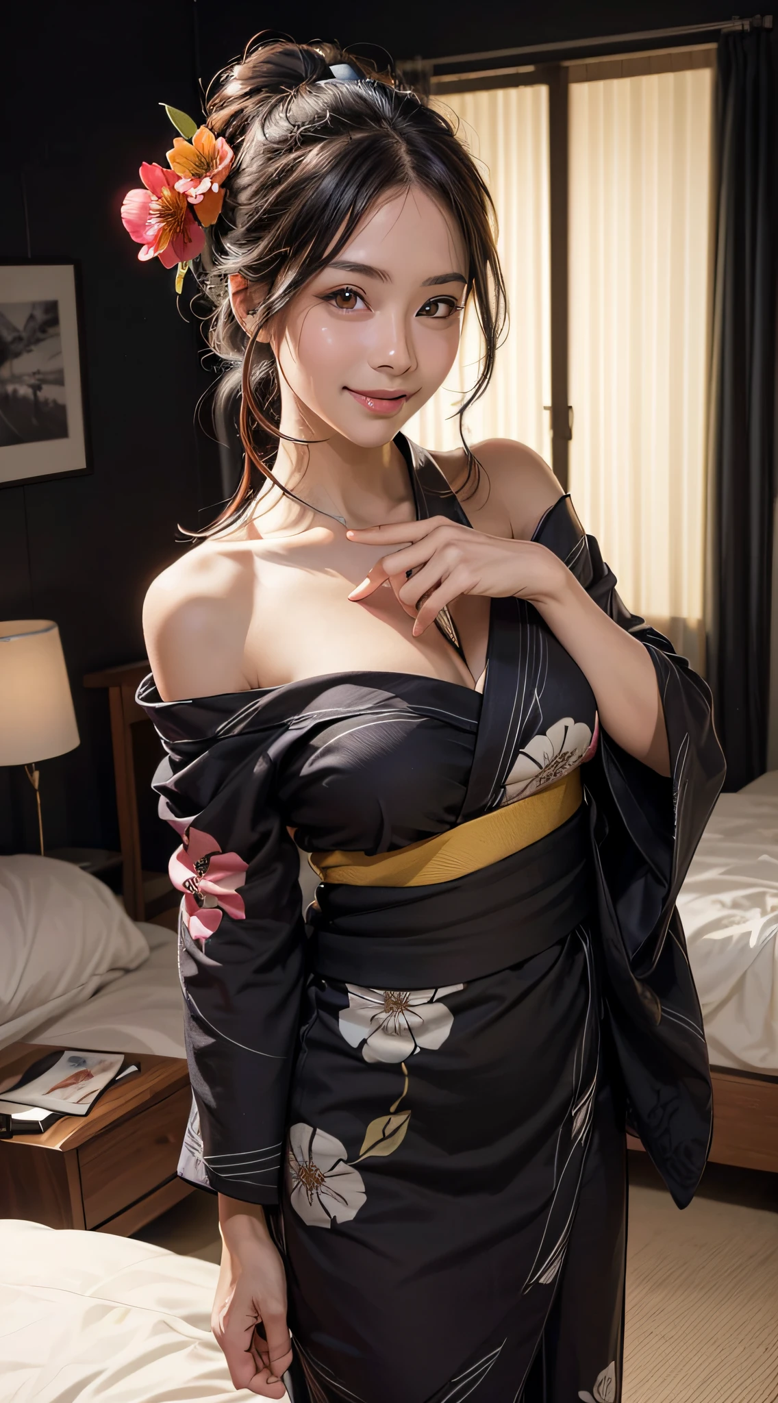 (1girl), Extremely cute face, Amazing face and eyes, (Highly detailed eyes, Highly detailed face), fresh, Very clean appearance, (Hyper-realistic, hight resolution), (Best Quality:1.4), Raw photo, (Realistic, Photorealsitic:1.37), Professional Photography, (floral pattern yukata:1.25), (Amazing big:1.1), (Open yukata), (Bare shoulders), Smile slightly, (Staring at me), Bedroom, Flower Screen, Relaxing, (The bedroom is pitch black:1.6), focus on the girl,