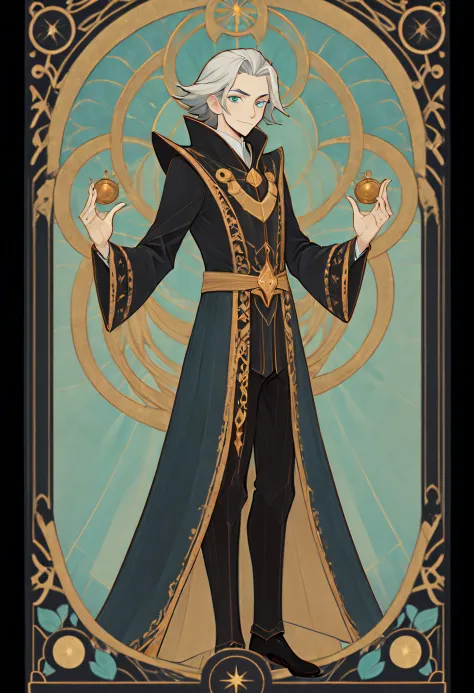 Full-length portrait of 1 boy, magister, Magician costume, (((独奏))), Clear facial features, Simple line design, ((tarot card bac...