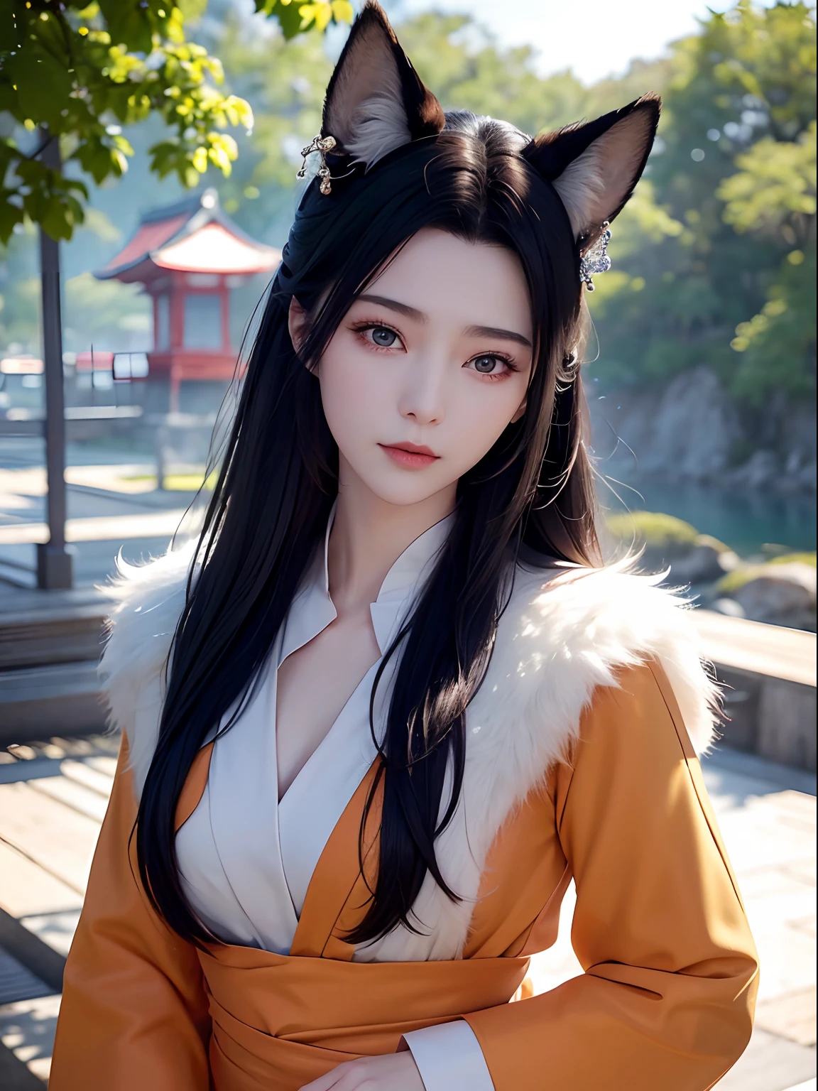 Ultra-realistic capture, Highly detailed, High resolution 16k close-up of human skin, Skin texture must be natural, Detailed enough to finely identify pores, Skin should look healthy, In a uniform tone, Use natural light and color, ahri, ahri_(lize_In the_legends), 1girl in, absurderes, animal_Ears, Black_hair, Detached_sleeves, Distri, facials_marks, Fox_Ears, Fox_tail, Hand_ ass hole up, hight resolution, lize_In the_legends, long_hair, Snow Suit, Magic, multiple_tailed, white_tailed, orange_Eyes, parted_Lips, Solo, Standing, tail, full_Body, arms behind back, appearance々Take Japan's Yokai with you, The scene of walking along the path of Japan leading to the underworld