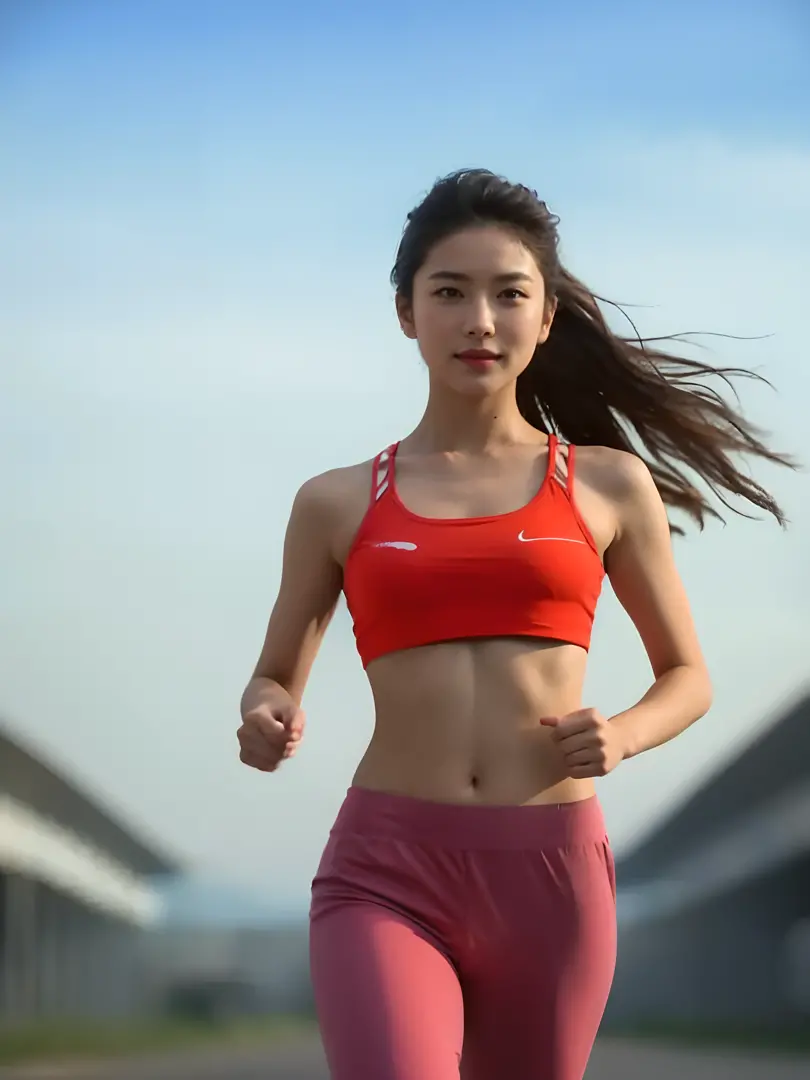 Girl running in the park,(((Drink bottled water))),Jade sweat,(Expressed  with a glossy iridescent metallic luster、Bright sports bra and  leggings.:1.3).Glossy light brown and orange striped shorthair,disheveled  ponytail - SeaArt AI