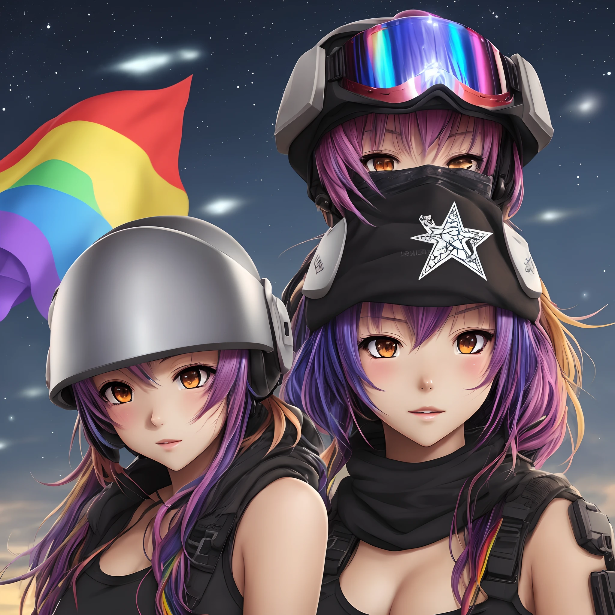 Two anime girls with helmets and rainbow hair are standing in front of a  flag - SeaArt AI