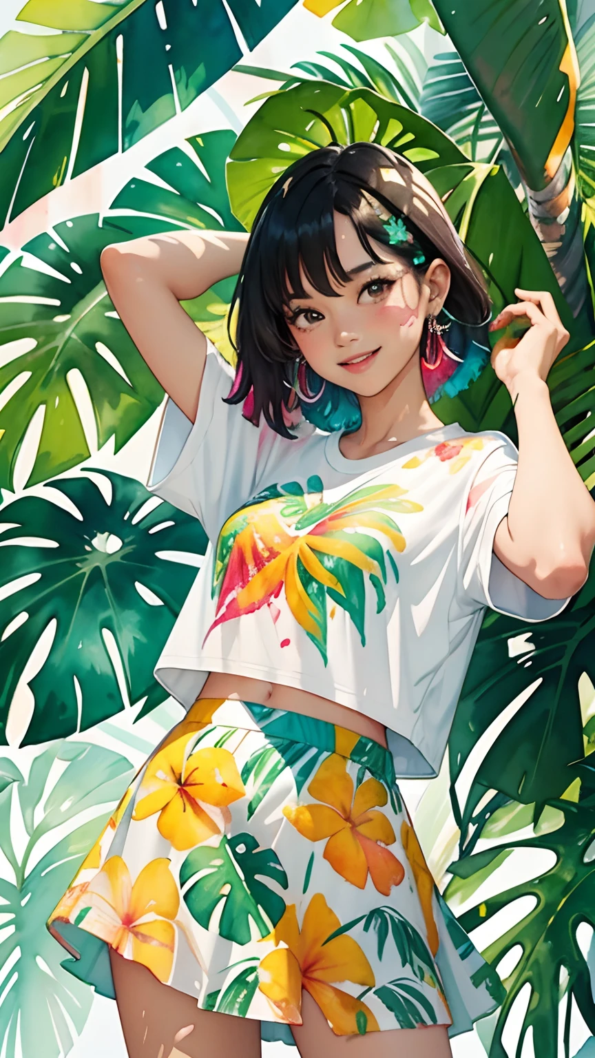 une peinture tropicale avec un fond éclaboussé et un effet de peinture en aérosol, t-shirt design mangues et feuilles et jupe blanche, femme, haut corps, centré, cheveux multicolores, grand sourire heureux, Aquarelle,  peinture à l&#39;aquarelleing, peinture à l&#39;aquarelleing style, aquarelle art détaillé, peinture numérique à l&#39;aquarelle, peinture à l&#39;aquarelle, aquarelle magistralement détaillée, Aquarelle