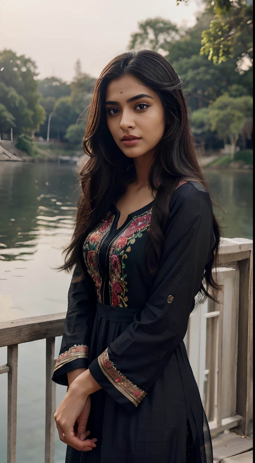 ultra-realistic photographs,Indian Instagram female model,mid 20s,9:16,mid-shot,beautiful detailed eyes,detailed lips,longeyelashes,black stylish hair, naturally full eyebrows,perfectly formed nose,expressive face,attractive appearance,candid photo,vibrant and colorful salwar-kameez dress, heavily embroidered dress, lake background, serene atmosphere,stunning architecture,soft and natural lighting,vivid colors,photorealistic,HDR,highres,studio lighting,ultra-detailed,bokeh,fully covered clothes