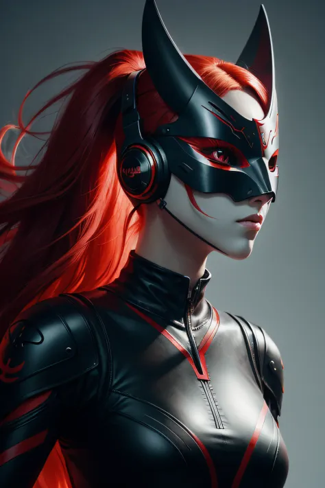 girl with long red hair, red eyes, futuristic vibes, mask on mouth, headphones, 8k, high quality, simple background, glowing eye...