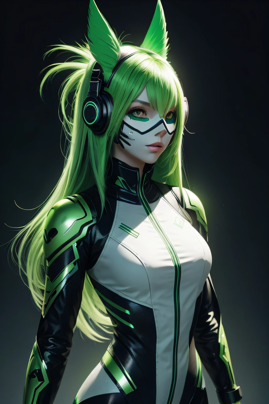 girl with long green hair, green eyes, futuristic vibes, mask on mouth, headphones, 8k, high quality, simple background, glowing eyes, nice pose