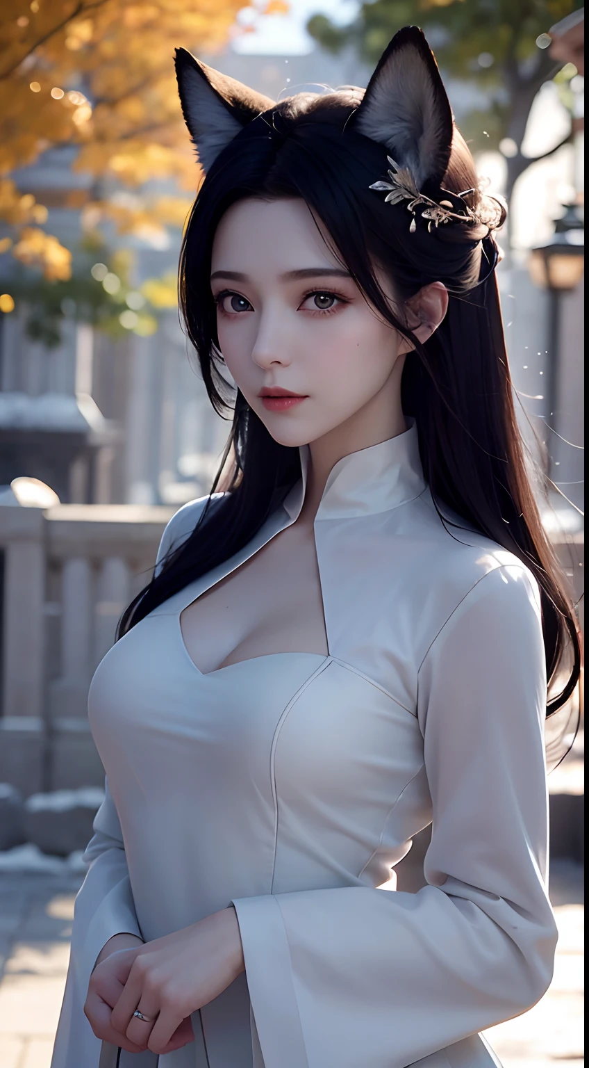 Ultra-realistic capture, Highly detailed, High resolution 16k close-up of human skin, Skin texture must be natural, Detailed enough to finely identify pores, Skin should look healthy, In a uniform tone, Use natural light and color, ahri, ahri_(lize_In the_legends), 1girl in, full bodyesbian, absurderes, animal_Ears, Black_hair, Detached_sleeves, Distri, facials_marks, Fox_Ears, Fox_tail, Hand_ ass hole up, hight resolution, lize_In the_legends, long_hair, Snow Suit, Magic, multiple_tailed, white_tailed, orange_Eyes, parted_Lips, Solo, Standing, tail, full_Body, arms behind back, The approach to the old shrine, ((Approaching dusk)), Spectacle walking on a country road, Moonlit