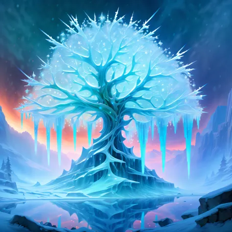 (((eerie depths of a virtual game rime ice illustration:1.3))), a chilling undead glass sparkle rime ice tree, unfolds before ou...