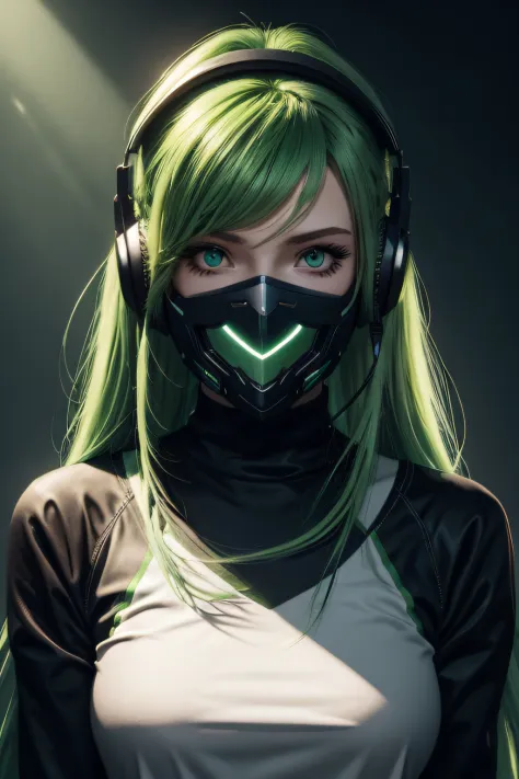 girl with long green hair, green eyes, futuristic vibes, mask on mouth, headphones, 8k, high quality, simple background, glowing eyes, nice pose