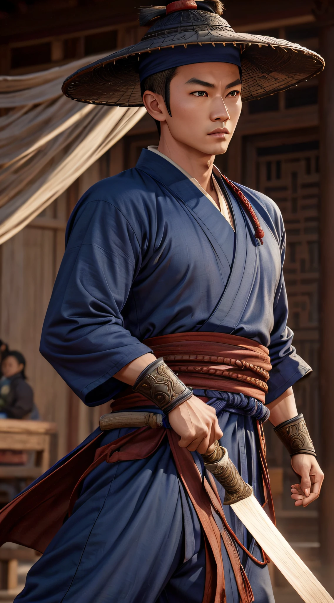 actor ((Simu Liu)) as Kung Lao from Mortal Kombat, in the Shaolin temple, dark blue bamboo_hat, bald head, Shaolin monk robe, intricate, high detail, sharp focus, dramatic, photorealistic painting art by greg rutkowski