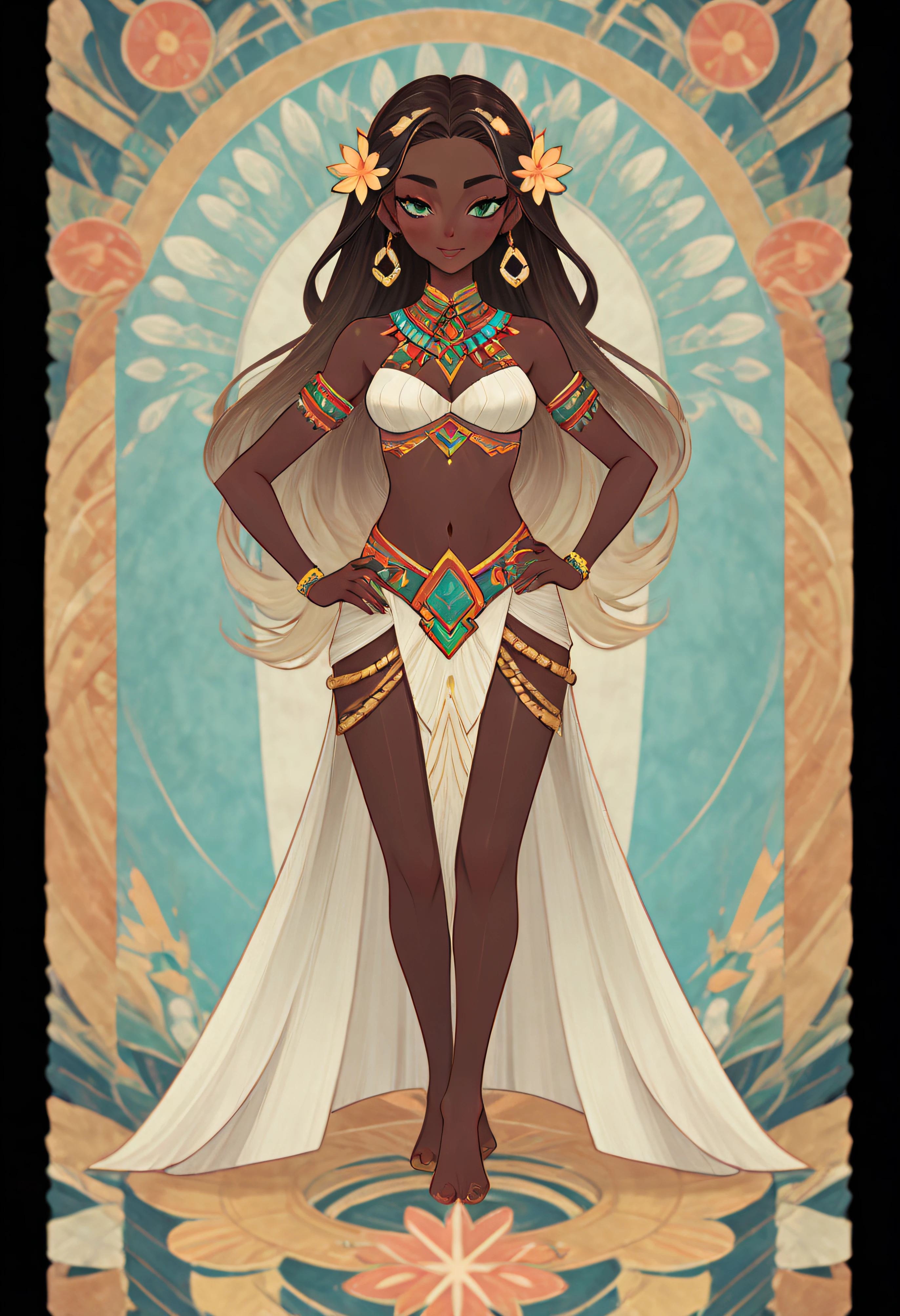 1 girl, Black skin, hula skirt, Full body standing painting, (((solo))), Clear facial features, Simple line design, ((tarot card background, symmetric beauty)), perfectly symmetrical, The art of symmetry, Standing drawings of characters, ((flatcolors)), tmasterpiece，top Quority，best qualtiy，Ultra-high resolution, ((Clear facial features，beautidful eyes，beauitful face, Exquisite facial features))