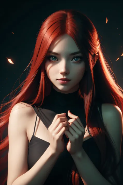 girl with long red hair, red eyes, futuristic vibes, mask on mouth, headphones, 8k, high quality, simple background, glowing eye...