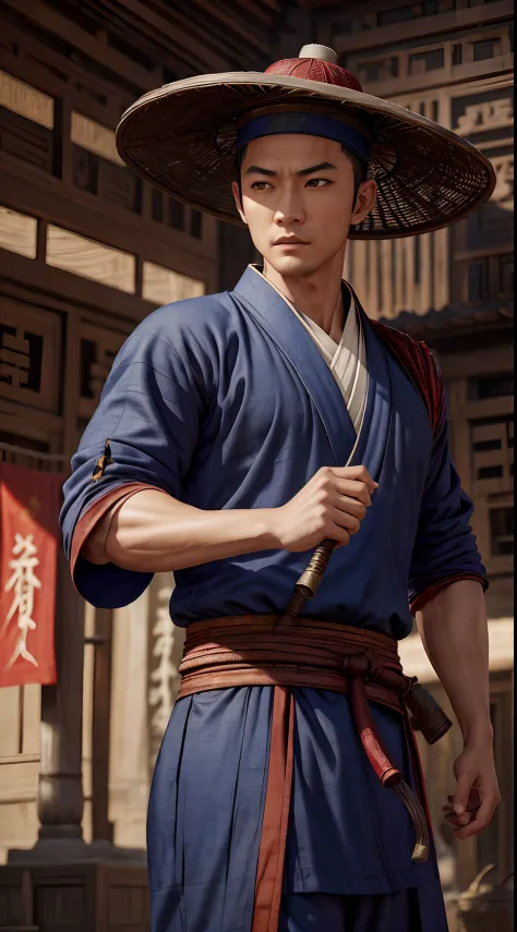 actor ((Simu Liu)) as Kung Lao from Mortal Kombat, in the Shaolin temple, dark blue bamboo_hat, bald head, Shaolin monk robe, in...
