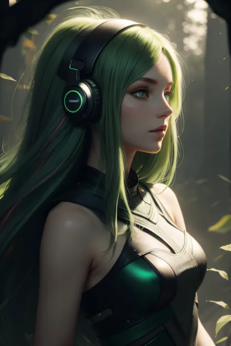 girl with long green hair, green eyes, futuristic vibes, mask on mouth, headphones, 8k, high quality, simple background, glowing...