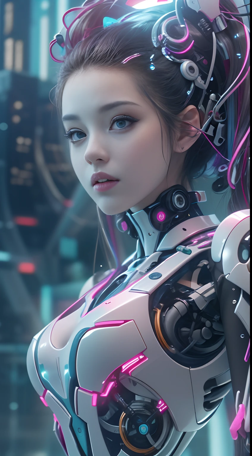 Translucent ethereal mechanical girl，Futuristic girl，Mechanical joints，futuristic urban background，ModelShoot style, (Extremely detailed CG unified 8K wallpapers), The beauty of abstract stylization,，surrealism, 8K, Super detail, Best quality, Award-Awarded, Anatomically correct, 16k, Super detail