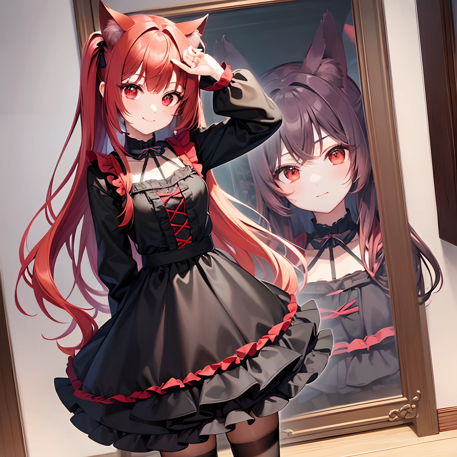 Anime girl in a black dress and cat ears standing in front of a picture -  SeaArt AI