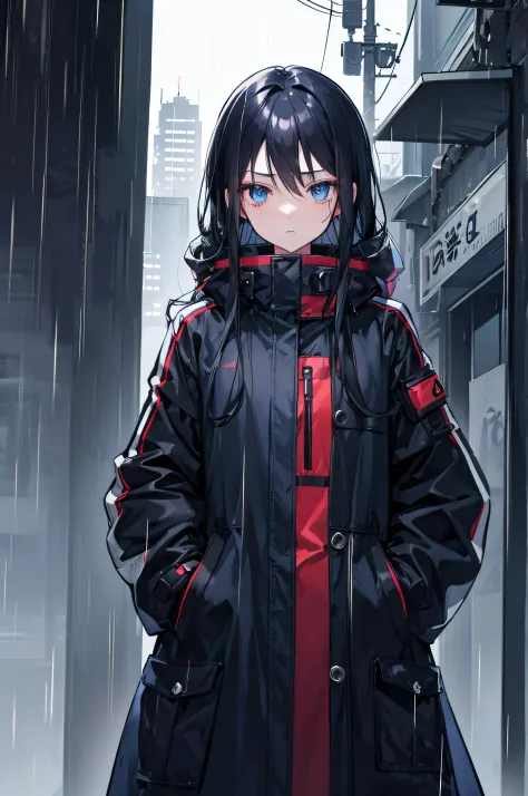 Kuchiki Touko, 1girl, night city, rain, coat, hands in pockets, long sleeves, long hair, black hair, blue eyes, emotionless face, sleeves rolled up