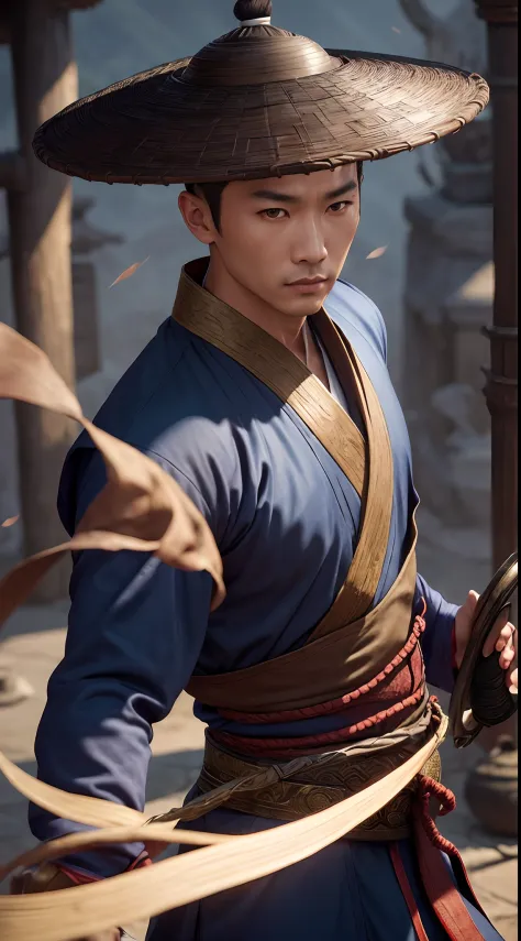 actor ((Simu Liu)) as Kung Lao from Mortal Kombat, in the Shaolin temple, dark blue bamboo_hat, bald head, Shaolin monk robe, in...