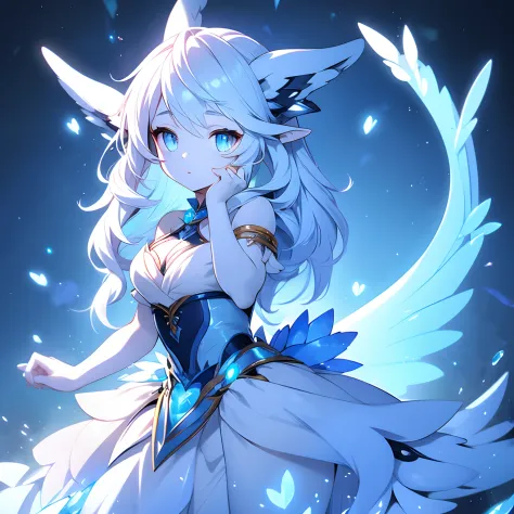 1girl, masterpiece, highly detailed, glowing blue eyes, wavy short white hair, hybrid pale blue elf-dragon form in a dress