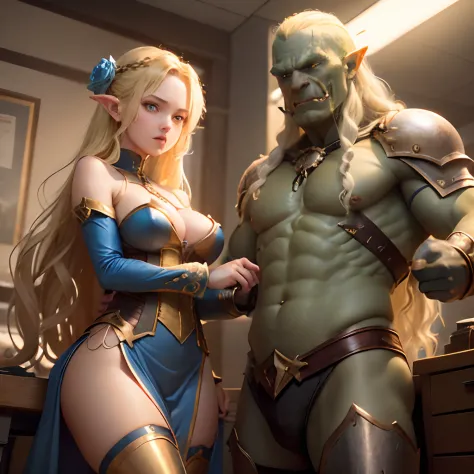 Outraged 20-year-old blonde elf girl with long wavy hair and blue eyes, in a blue dress with gold embroidery. 1 orc, green skin, in leather clothes. An argument with an orc in the office. The orc grabs her hands.  delicate detail. ultra details. highly det...