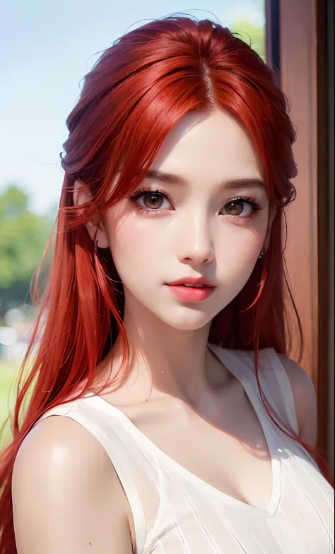 (8k, RAW photo, photorealistic: 1.25), (lip gloss, eyelashes, bright face, glowing skin, red hair, best quality, ultra high resolution, depth of field, chromatic aberration, caustic, wide lighting, natural shading, Kpop idol) looking at the viewer with a s...