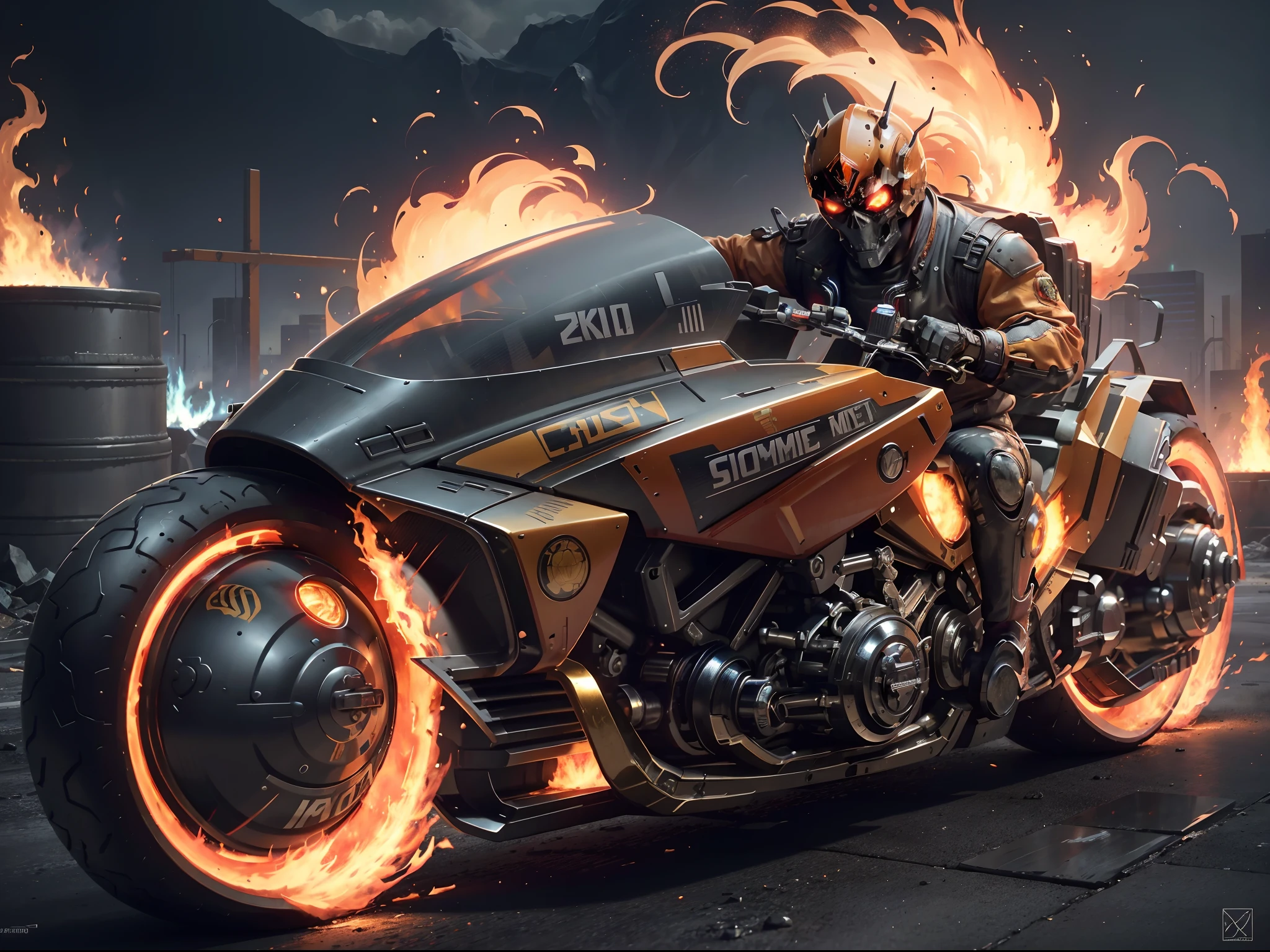 (offcial art, Unity 8k wallpaper, Ultra-detailed, Beautiful, Masterpiece, Best quality, 1.4x more realistic), (Ghost Knight: 1.5), The skull is surrounded by flames，There was a fire in his eyes, The corpse was wrapped in burning chains, Titanium chains and the future technology of motorcycles, Icy bodywork, Ghost Rider rides a futuristic golden Akirabike, Gallop on a burning fire, The entire Akirabike caught fire and burned down, fire element, composed of fire elements, volcanoes, Burning cyberpunk cityscape, Armageddon, Epic screen, Anatomically correct, Textured skin.