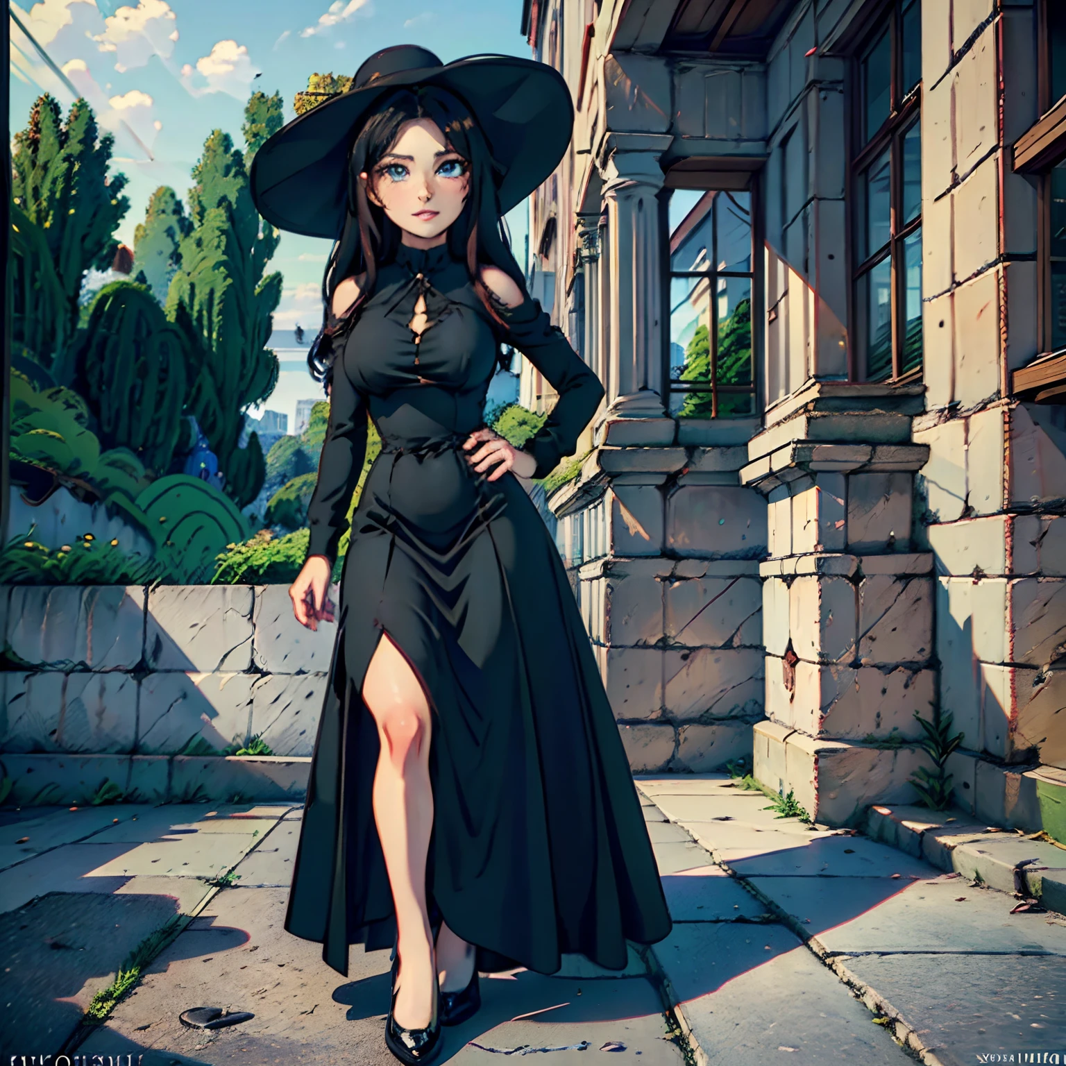 (best quality,4k,8k,highres,masterpiece:1.2),ultra-detailed,(realistic,photorealistic,photo-realistic:1.37),one single beautiful sexy teen princess, long black hair,blue eyes, small nose, beautiful lips,hot curves, wearing a long  black royal edwiardian era dress and sun hat, in the green garden of the classsic french style chateu.