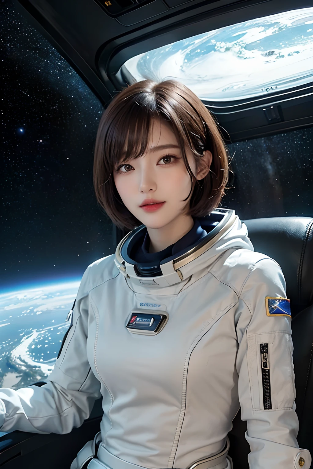 top-quality、​masterpiece、超A high resolution、(realisitic:1.4)、Beautuful Women１、Beautiful detail eyes and skin、ssmile、Light brown short-cut hair、The perfect spacesuit、Inside the spacecraft、cosmic space、