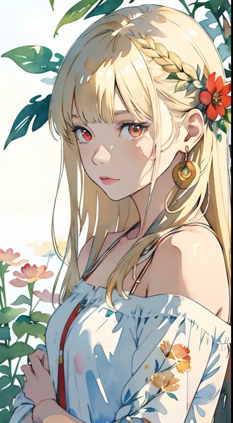 (watercolor:1.2),1girl, solo, flower, portrait, leaf, bangs, signature, blonde, long hair, red eyes, flower earrings