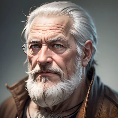 Realistic photo portrait of an old man with a gray beard, intensegaze, Person size 16:9 --auto --s2