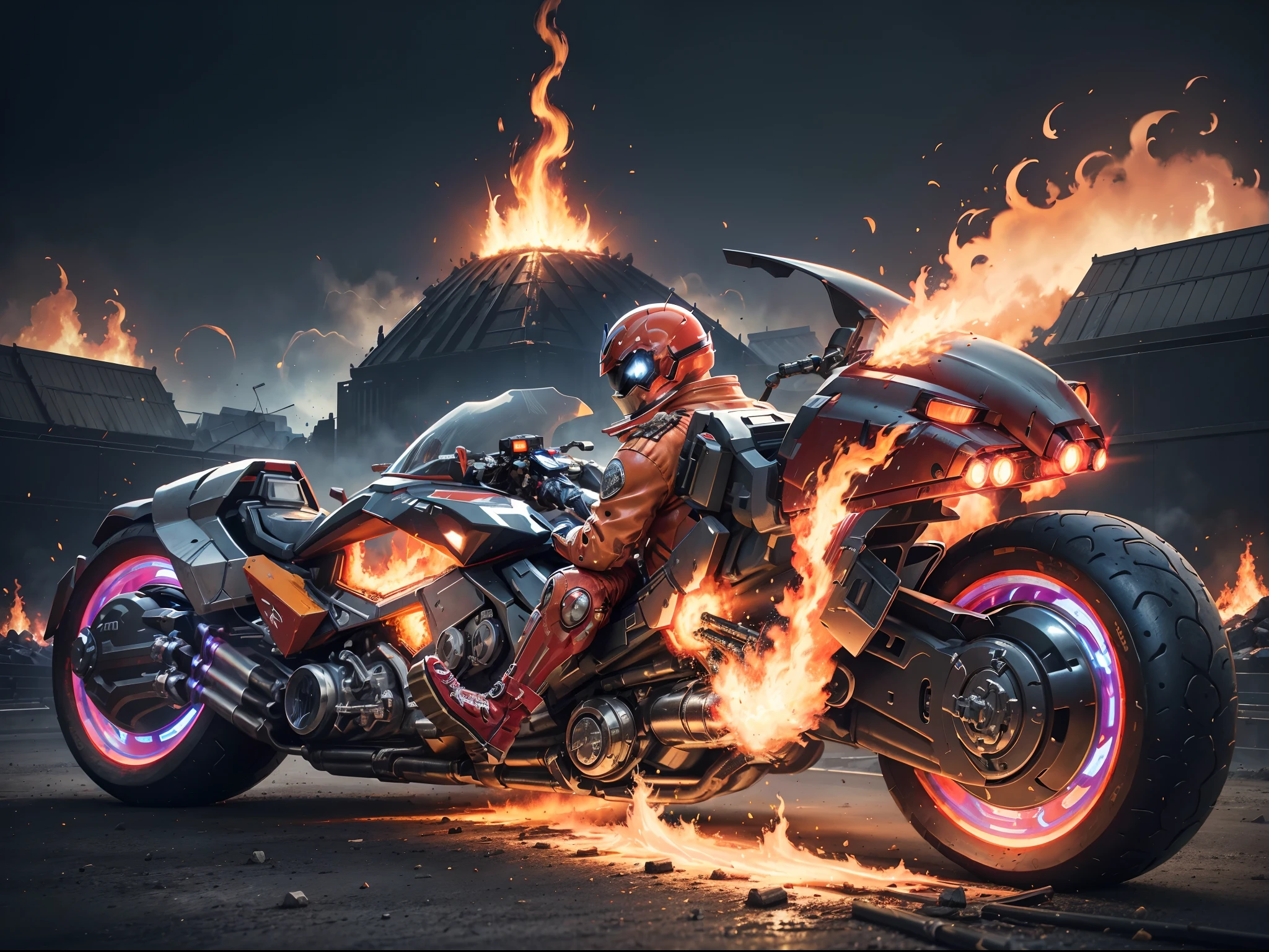 (offizielle Kunst, Einheit 8k Hintergrundbild, ultra-detailliert, Schön, Meisterwerk, beste Qualität, 1.4x realistischer), (Marvel-Held Ghost Rider: 1.5), In seinen Augen war ein Feuer, Die Leiche war in brennende Ketten gehüllt, Titanketten und die Zukunftstechnologie von Motorrädern, Eisige Karosserie, Ghost Rider fährt ein futuristisches schwarzes Motorrad, Galopp auf einem brennenden Feuer, Das gesamte Motorrad fing Feuer und brannte, Feuer Element, Composed of Feuer Elements, Vulkane, Brennende Cyberpunk-Stadtlandschaft, Armageddon, Epischer Bildschirm, anatomisch korrekt, Strukturierte Haut.