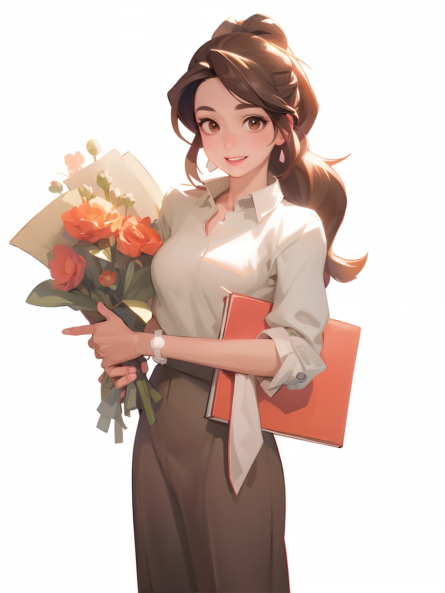 Anime girl with a bouquet of flowers and a book, Artgerm and Atey Ghailan, atey ghailan 8 k, chell, in style of atey ghailan, render of april, by Atey Ghailan, With flowers, offcial art, Holding flowers, Inspired by Atey ghailan, official character illustration, official character art