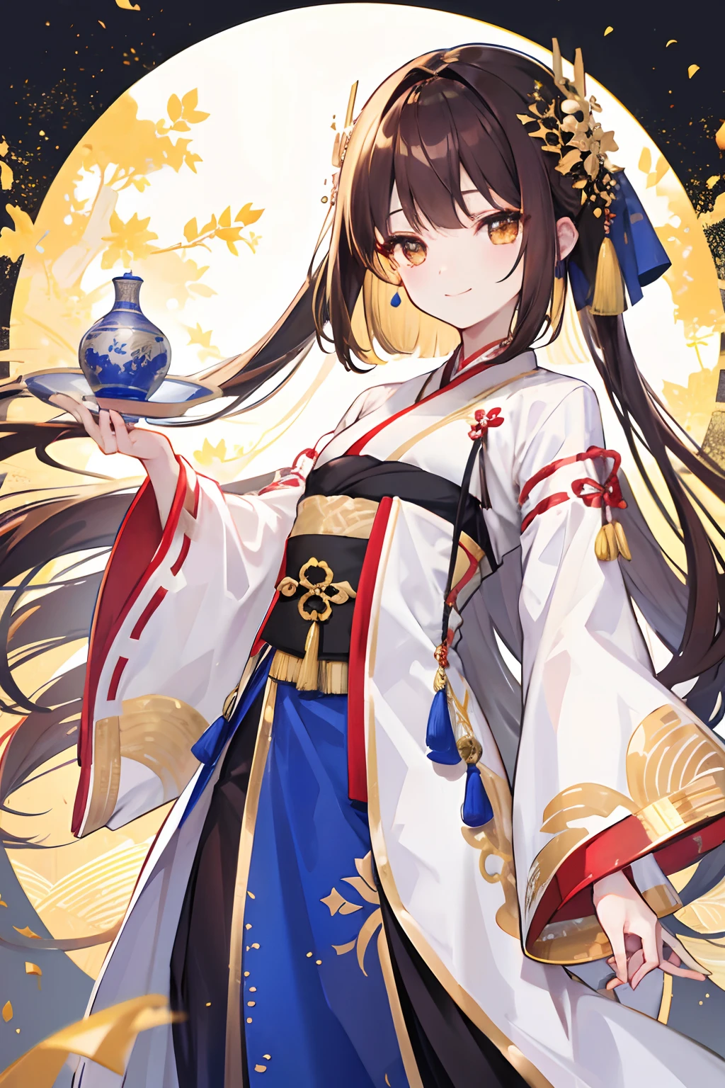 Hanfu，Golden eyes，brunette color hair，With a petite figure，Sweet smiling，long whitr hair，Eau