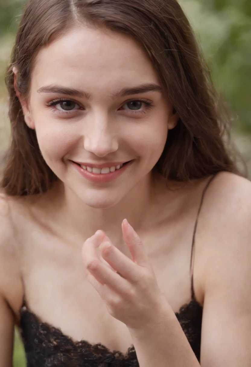 A close up of a young woman in a black dress smiling - SeaArt AI