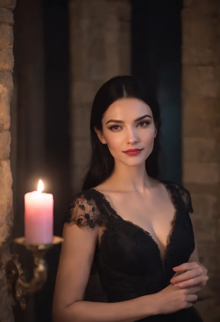 tall woman, black hair, pink skin, evil smile, very beautiful, wearing a black dress in the room of a castle, holding a candle, at night